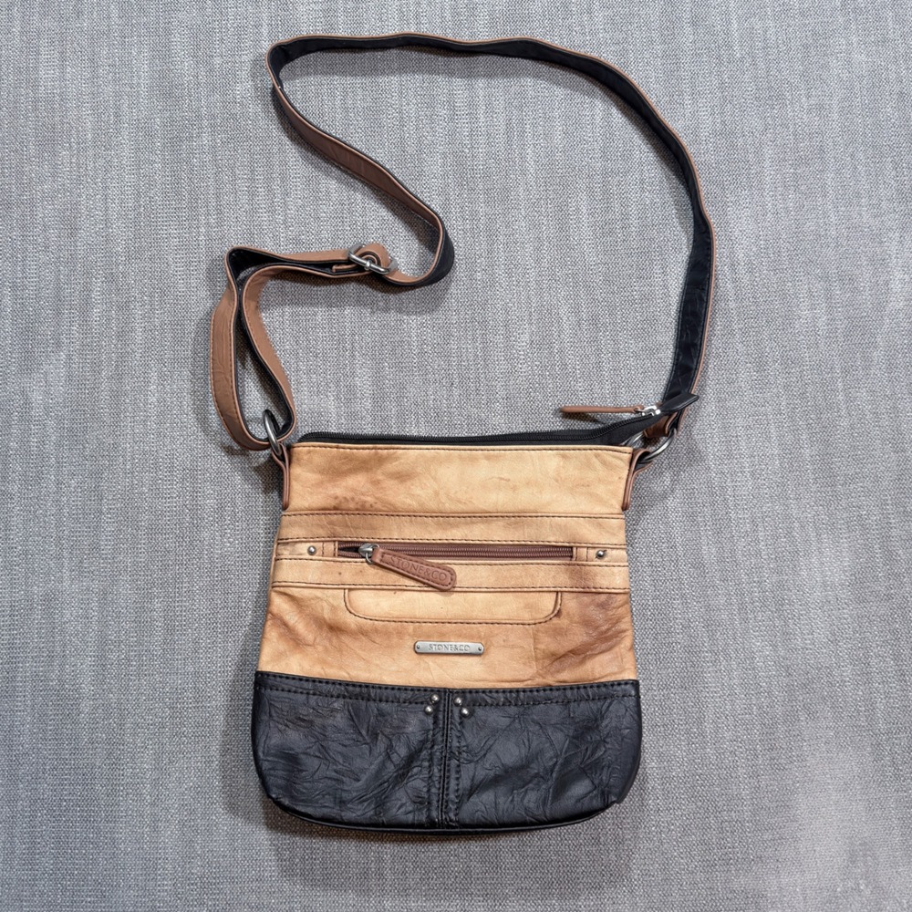 Stone & Co Leather Crossbody Bag Tan Black Two Tone Messenger Purse Multi Pocket